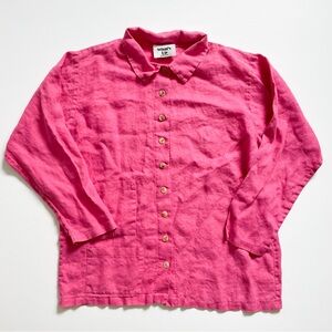 Vintage 100% Linen Oversized Hot Pink Magenta Long Sleeve Button Down Shirt